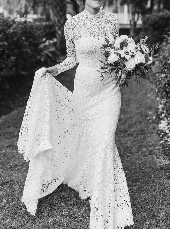 High Neck Lace Long Sleeves Wedding Dress,Fit and Flare Wedding Dress,WD00661
