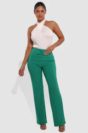 High Waist Straight Leg Pants With O-Ring Buckle Waist Detail - Kelly Green