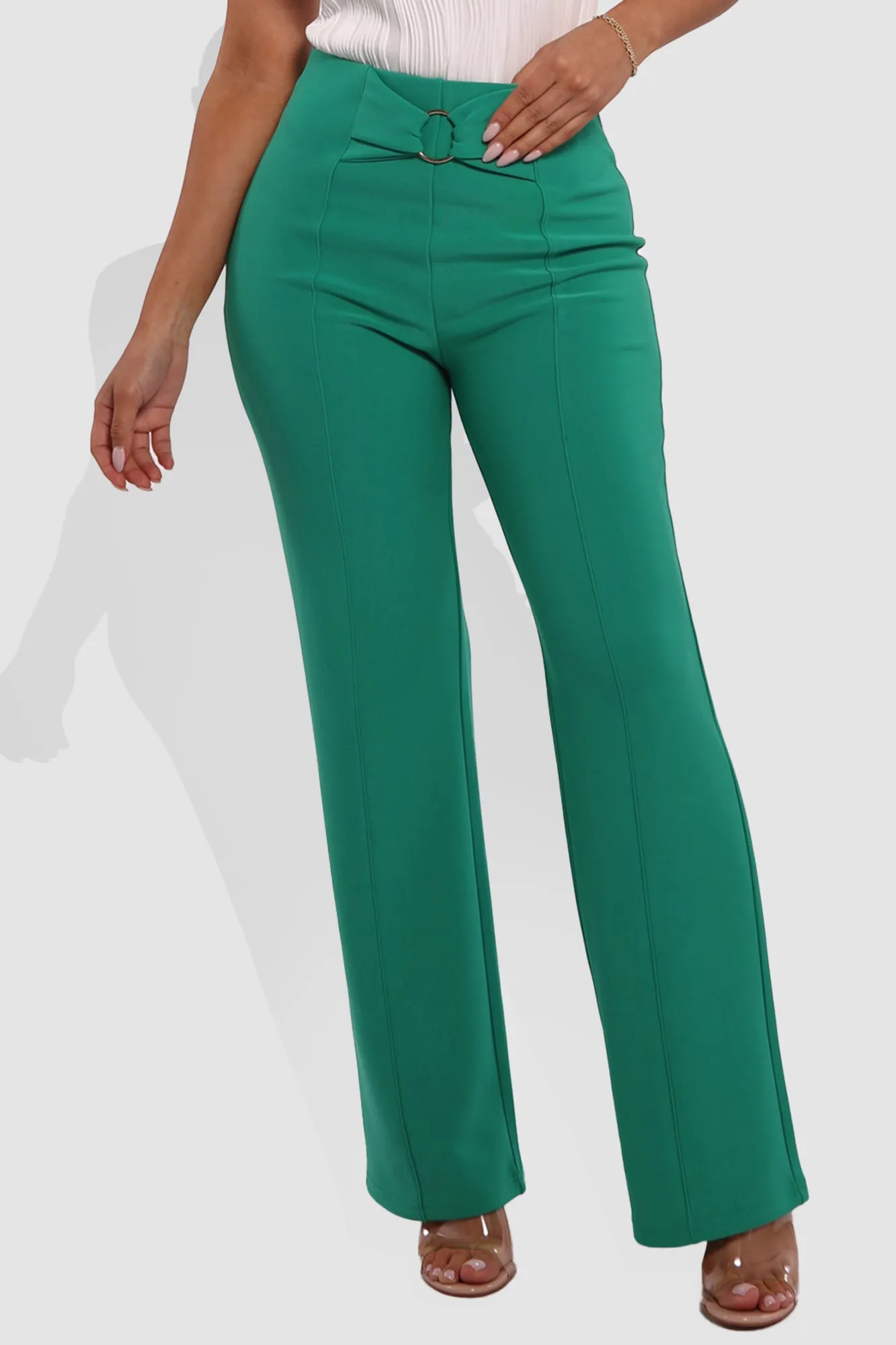 High Waist Straight Leg Pants With O-Ring Buckle Waist Detail - Kelly Green