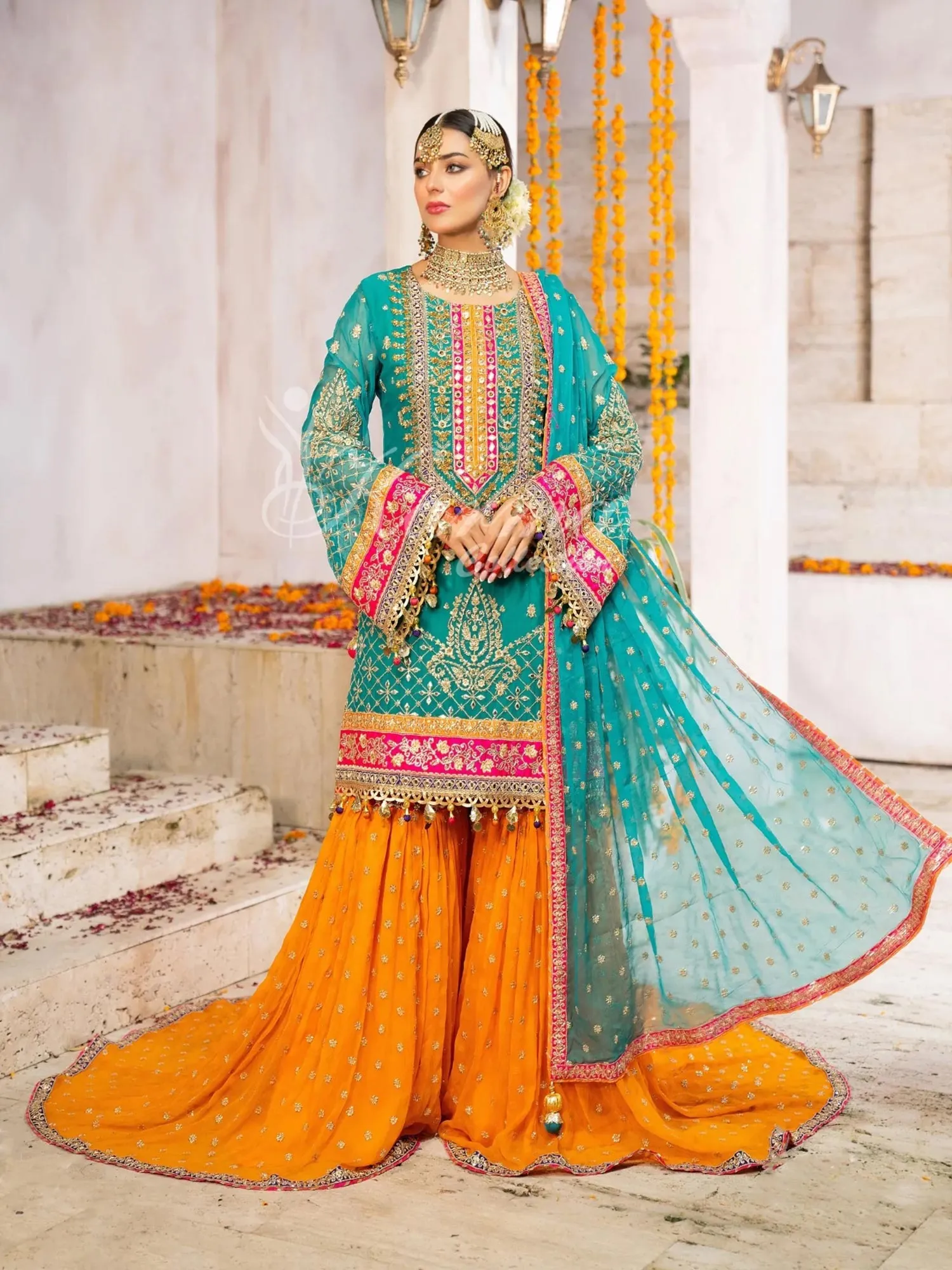 Karma Collection Turquoise & Orange Chiffon Sharara Suit (F-425)