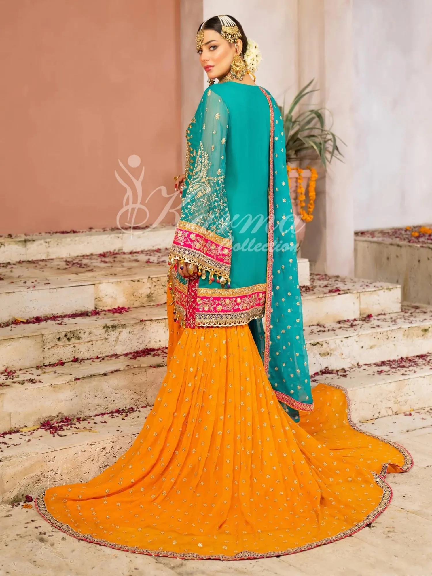Karma Collection Turquoise & Orange Chiffon Sharara Suit (F-425)