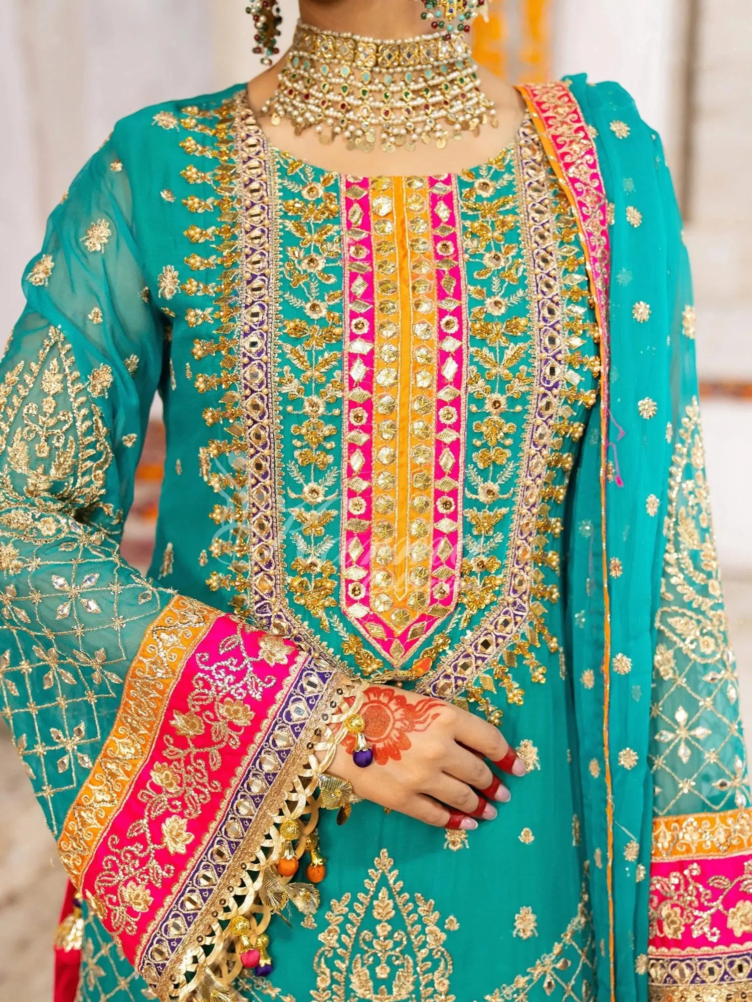 Karma Collection Turquoise & Orange Chiffon Sharara Suit (F-425)