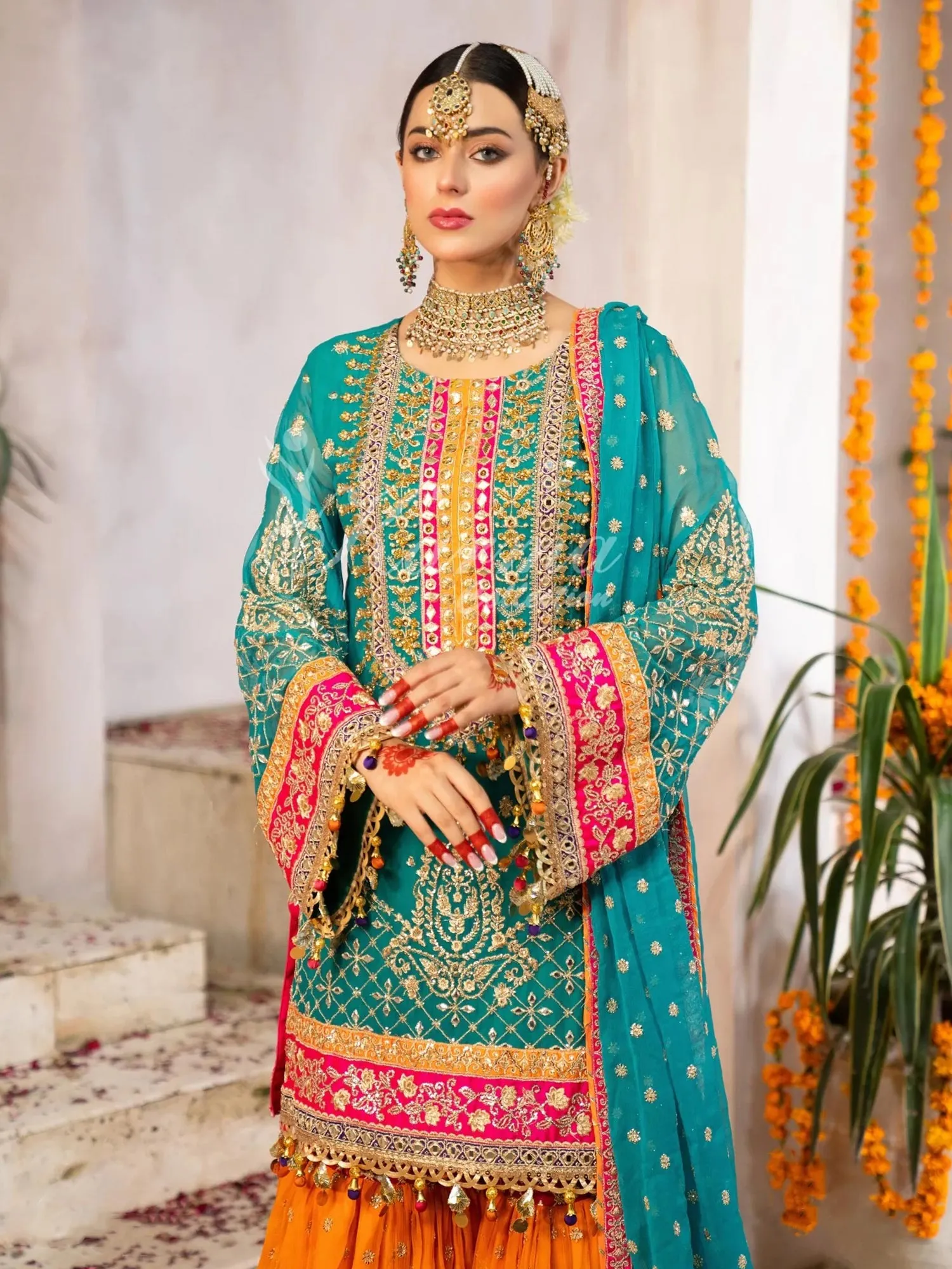 Karma Collection Turquoise & Orange Chiffon Sharara Suit (F-425)
