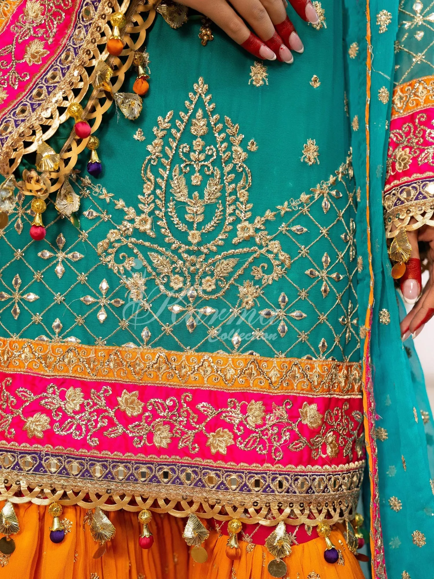 Karma Collection Turquoise & Orange Chiffon Sharara Suit (F-425)