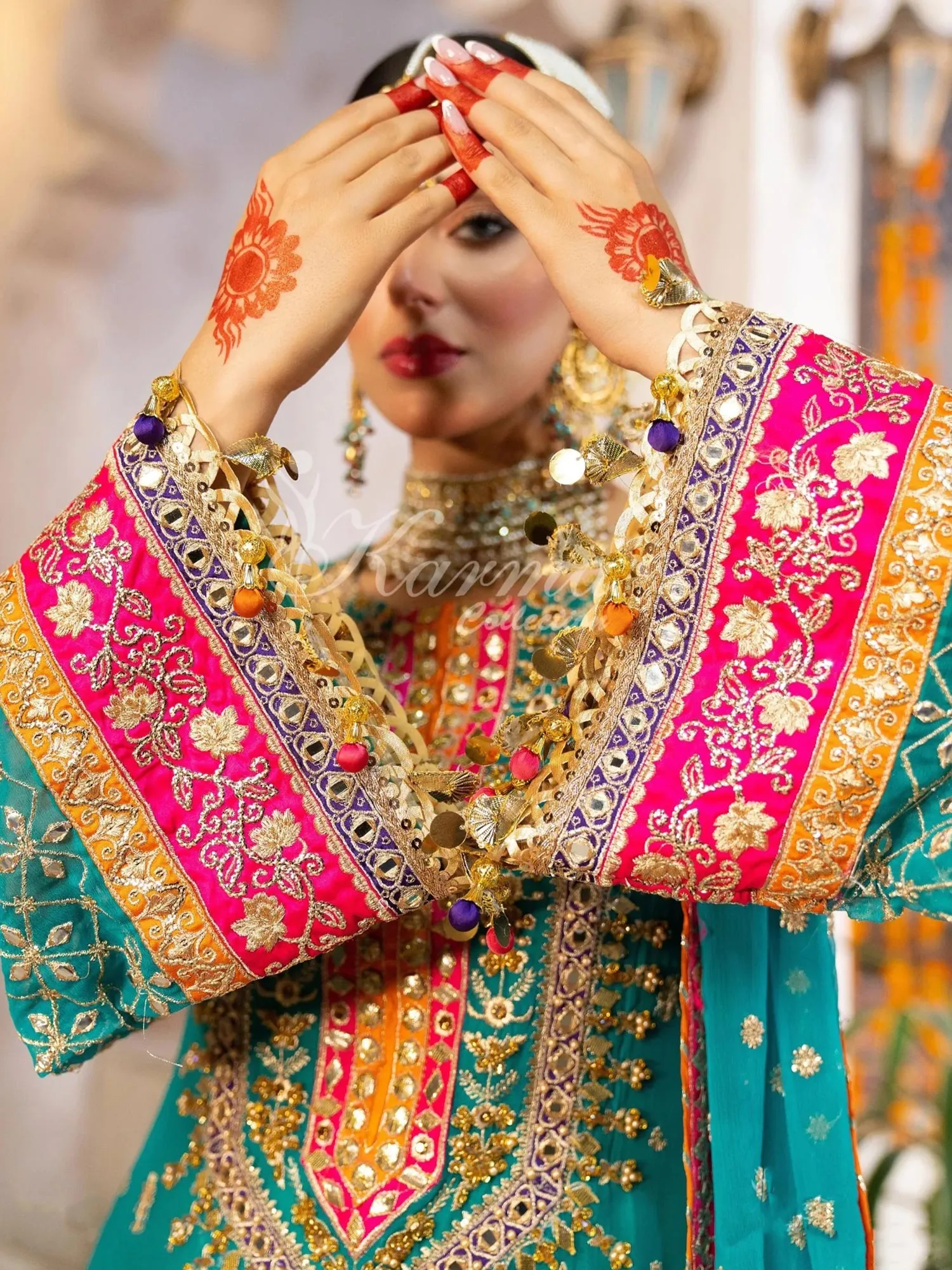 Karma Collection Turquoise & Orange Chiffon Sharara Suit (F-425)