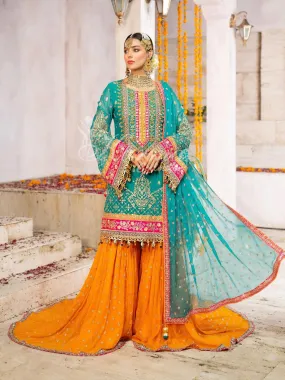 Karma Collection Turquoise & Orange Chiffon Sharara Suit (F-425)