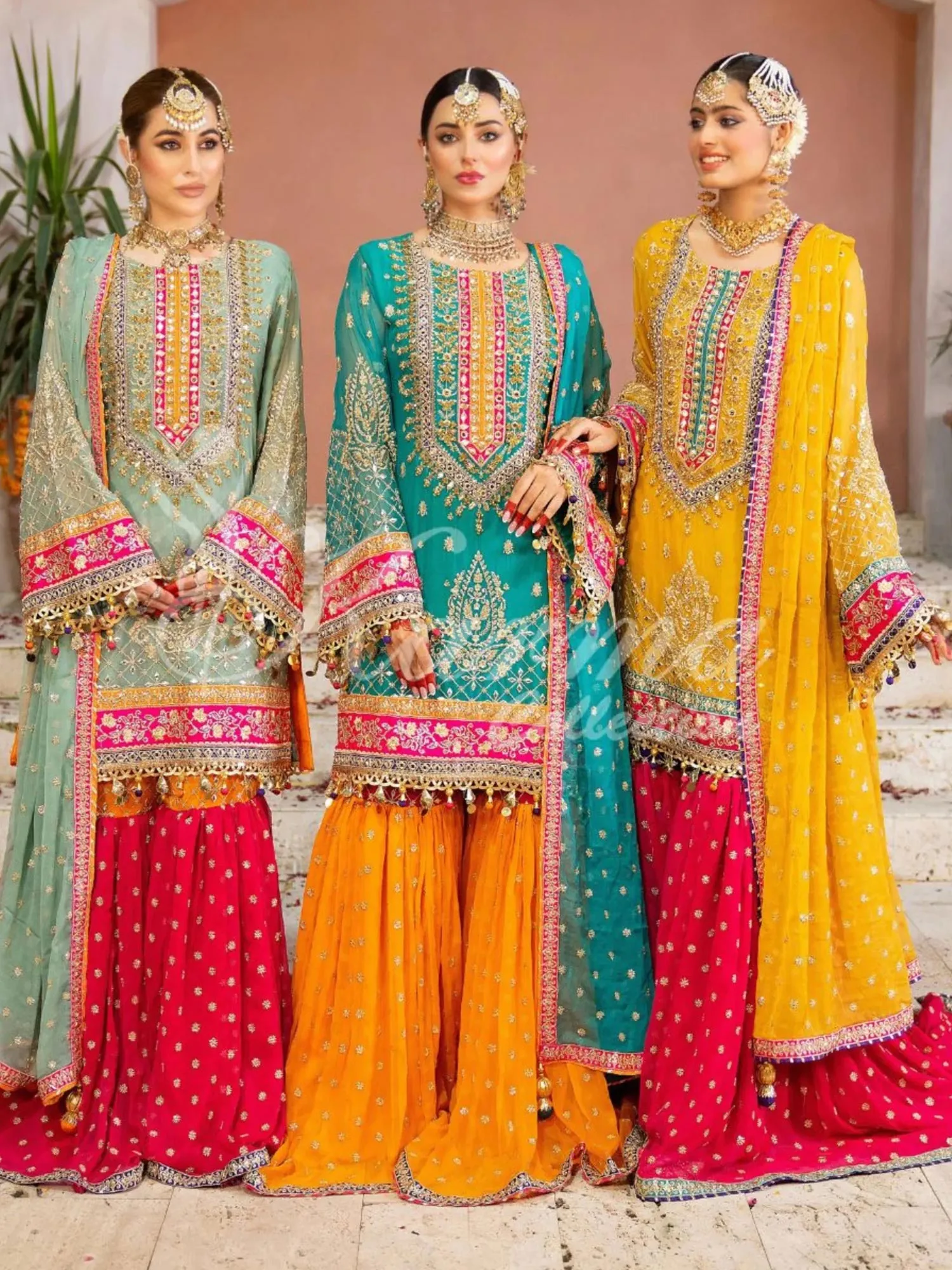 Karma Collection Turquoise & Orange Chiffon Sharara Suit (F-425)