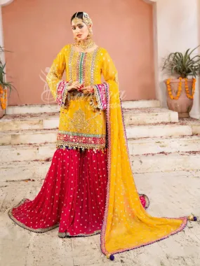 Karma Collection Yellow & Pink Chiffon Sharara Suit (F-425)