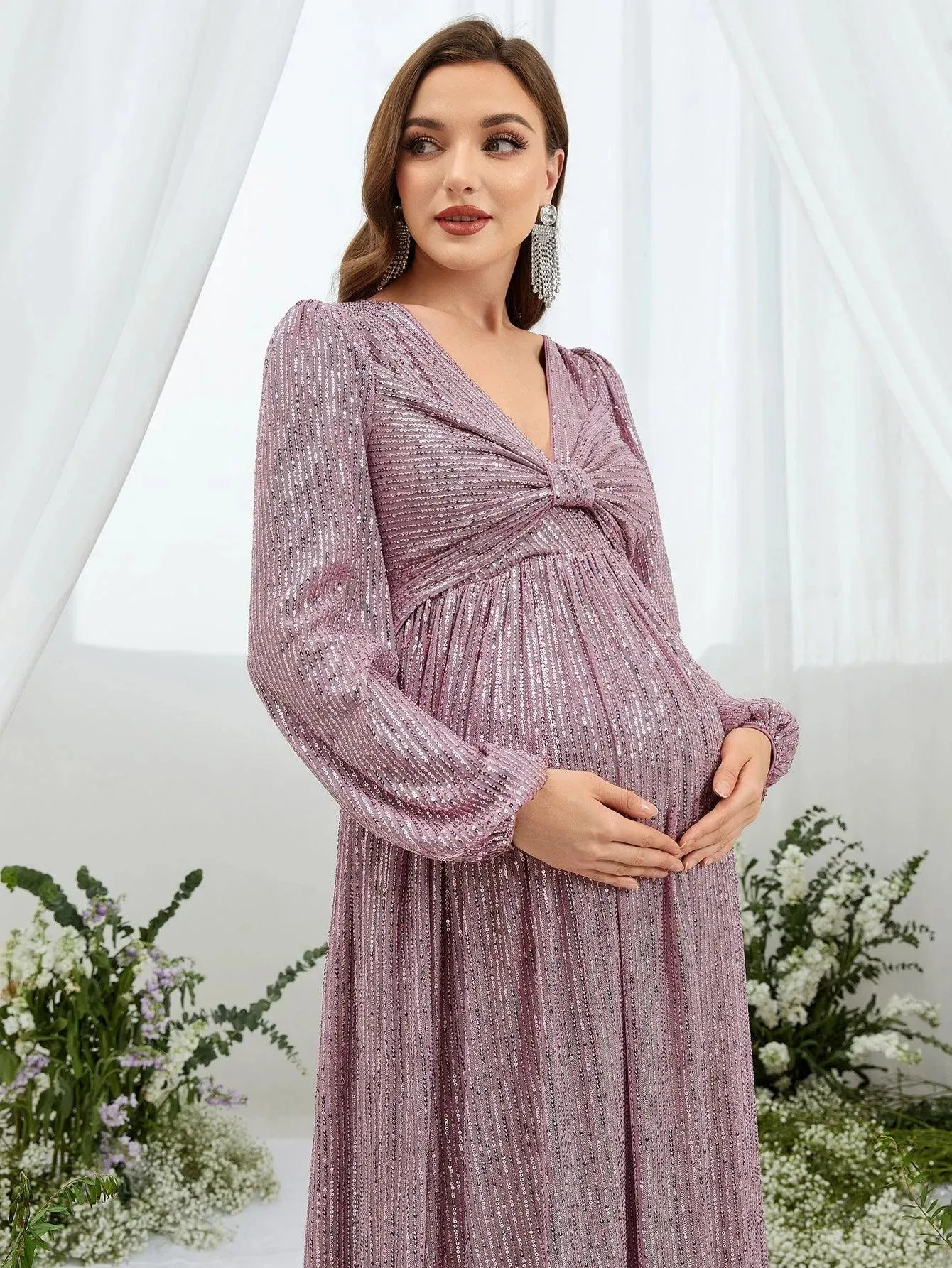 Maternity Ruched Bust Lantern Sleeve Sequin Party Dress