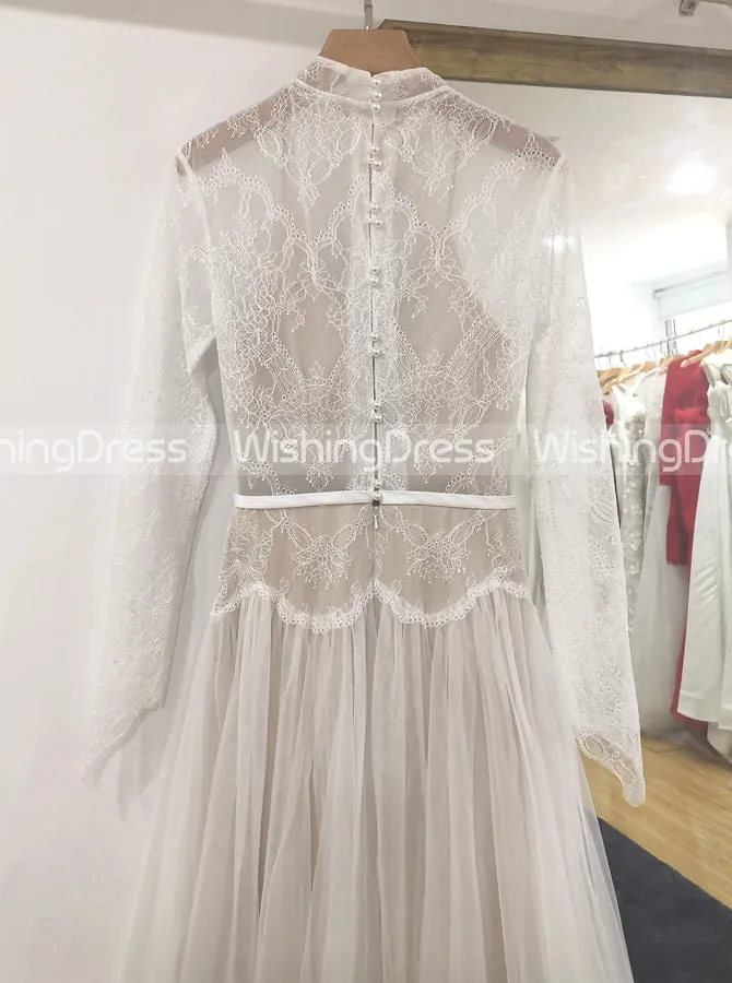 Modest High Neck Wedding Dress,Long Sleeves Lace and Tulle Wedding Dress,WD00509