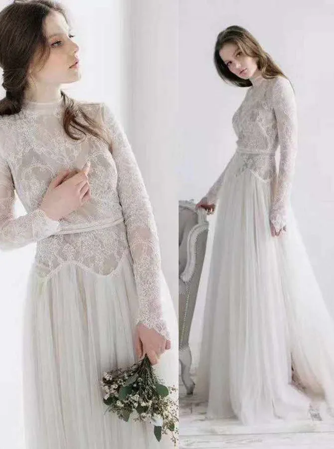 Modest High Neck Wedding Dress,Long Sleeves Lace and Tulle Wedding Dress,WD00509