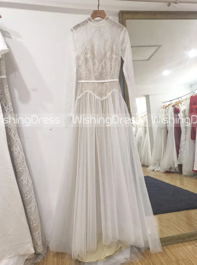 Modest High Neck Wedding Dress,Long Sleeves Lace and Tulle Wedding Dress,WD00509