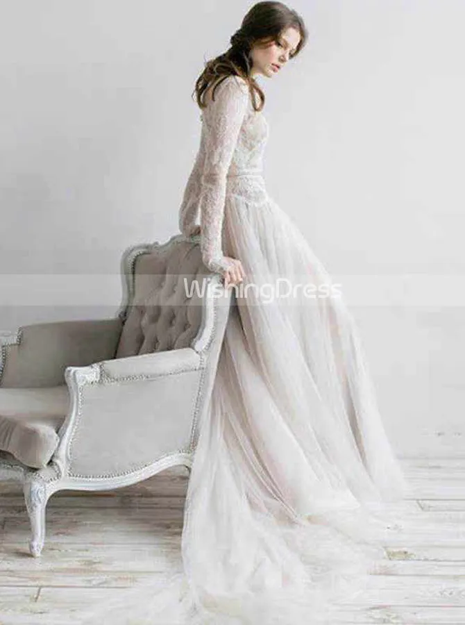 Modest High Neck Wedding Dress,Long Sleeves Lace and Tulle Wedding Dress,WD00509