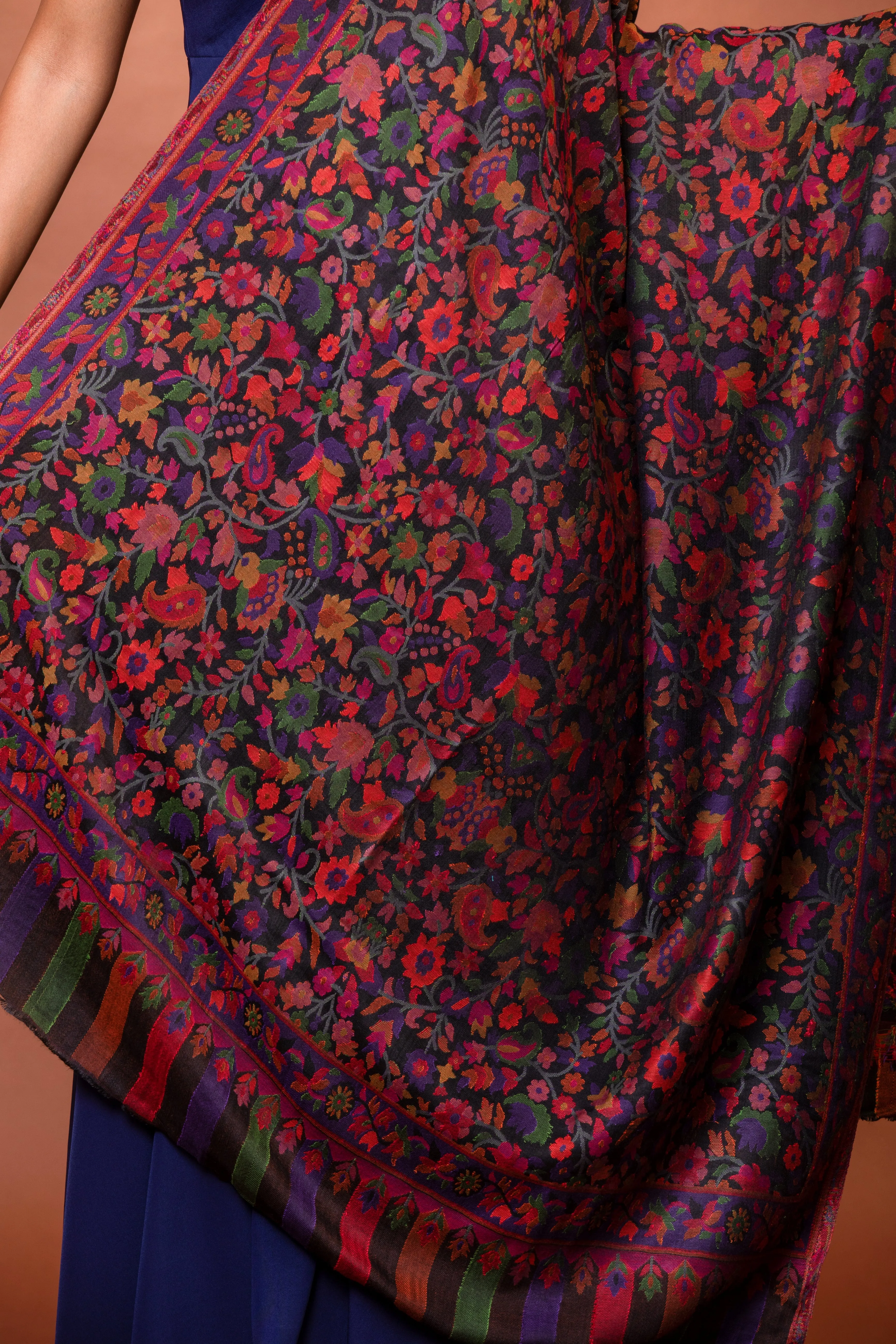 Navy Blue Kani Weave Viscose Shawl - Elegant & Lightweight Wrap