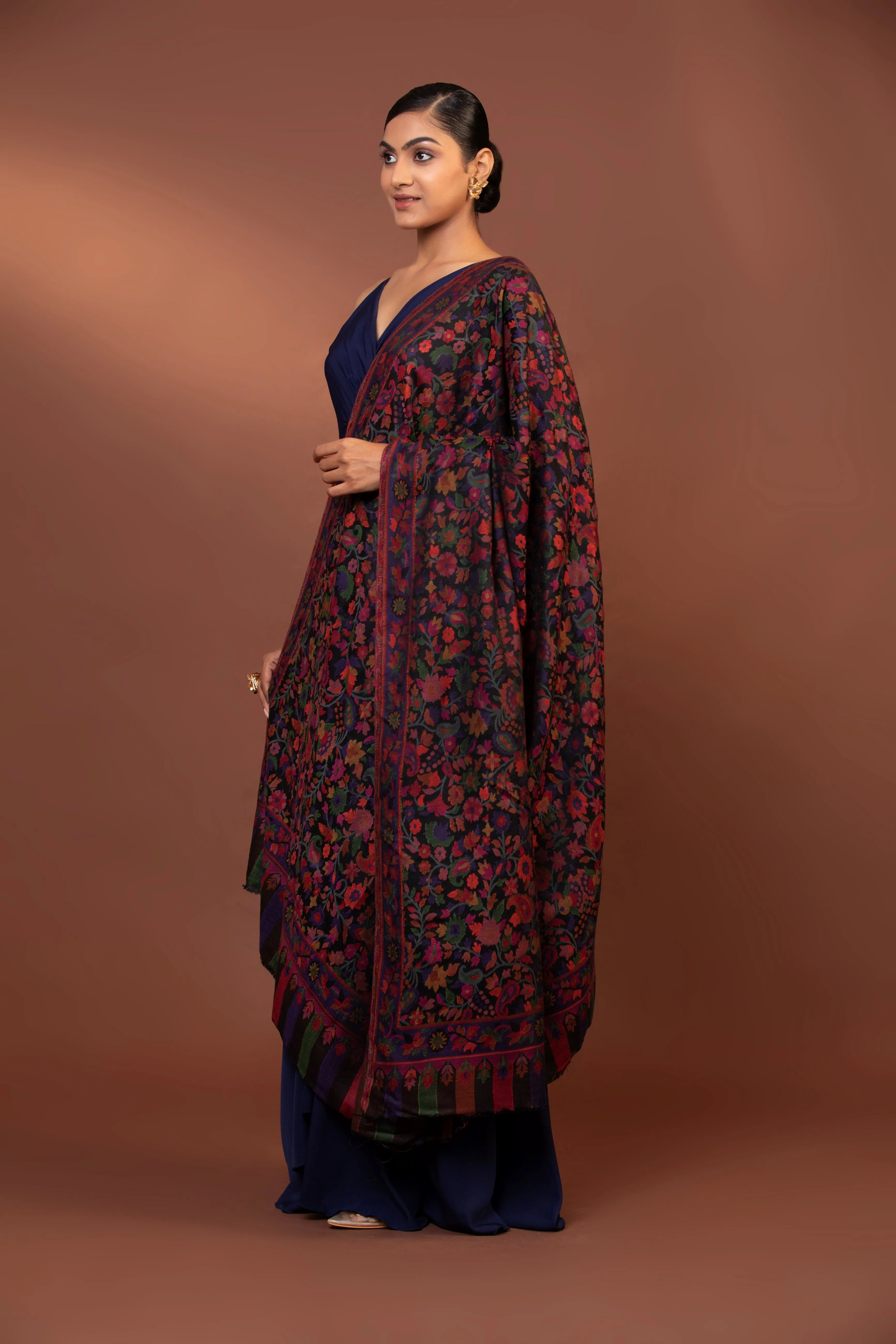 Navy Blue Kani Weave Viscose Shawl - Elegant & Lightweight Wrap
