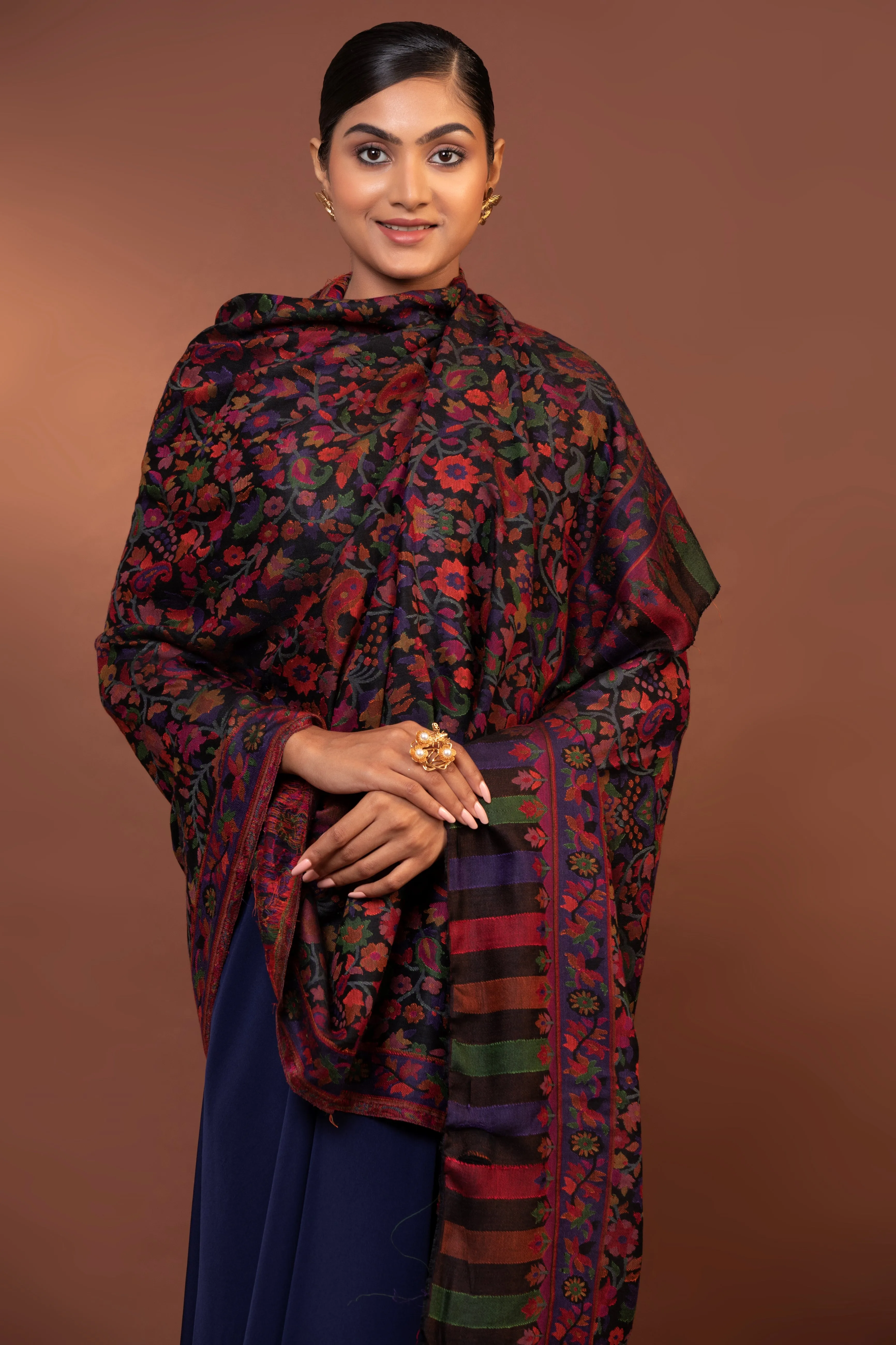 Navy Blue Kani Weave Viscose Shawl - Elegant & Lightweight Wrap