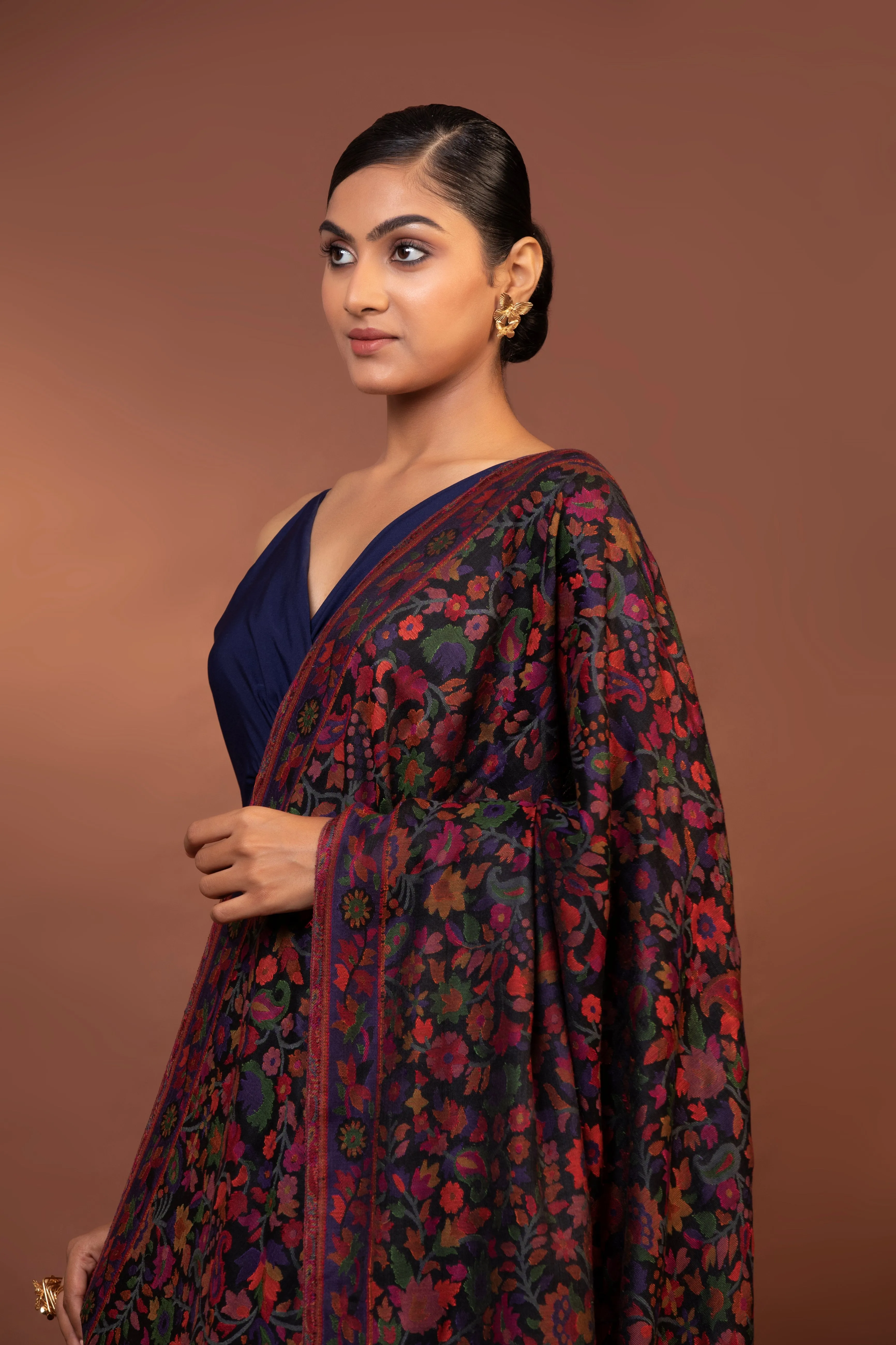 Navy Blue Kani Weave Viscose Shawl - Elegant & Lightweight Wrap