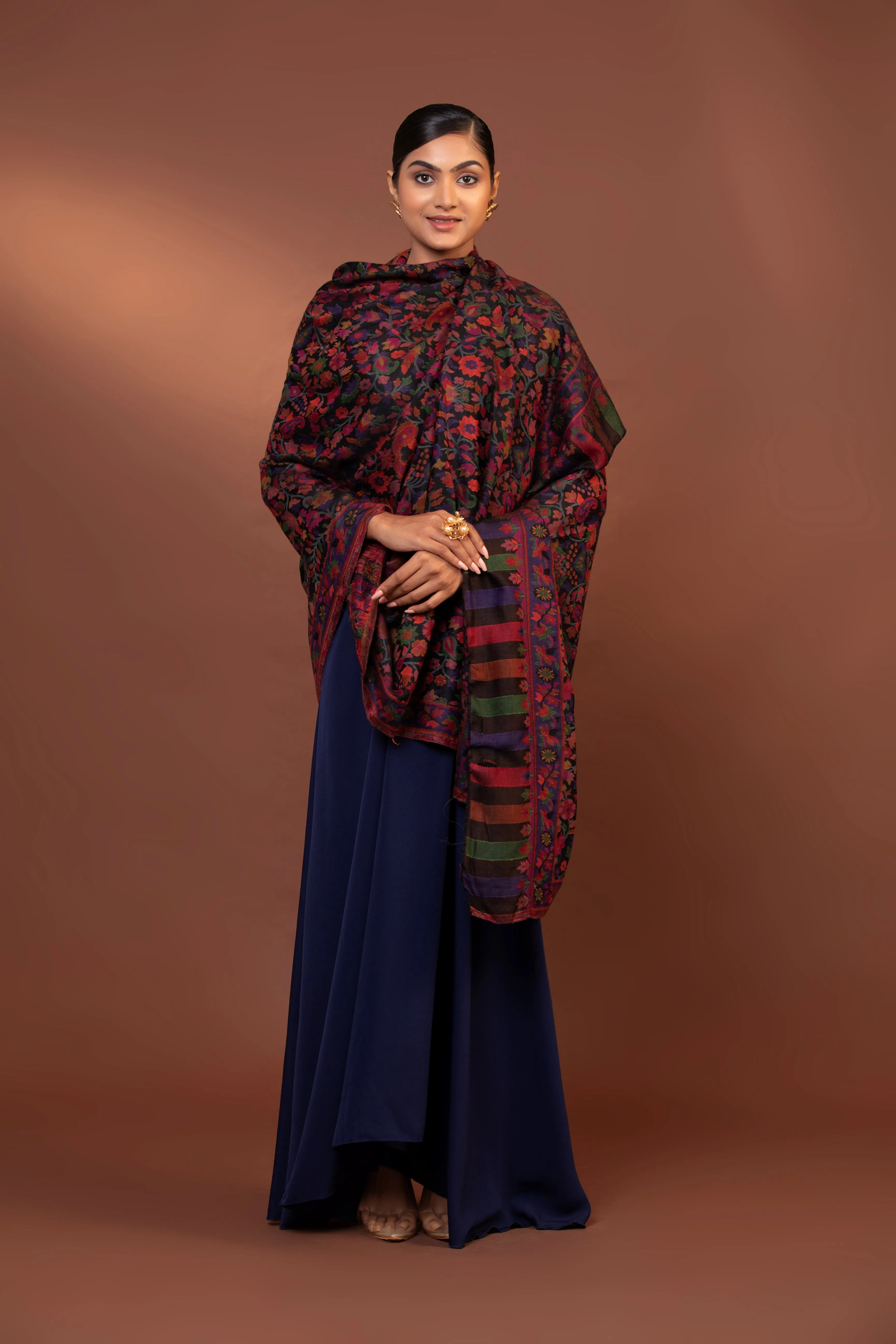 Navy Blue Kani Weave Viscose Shawl - Elegant & Lightweight Wrap