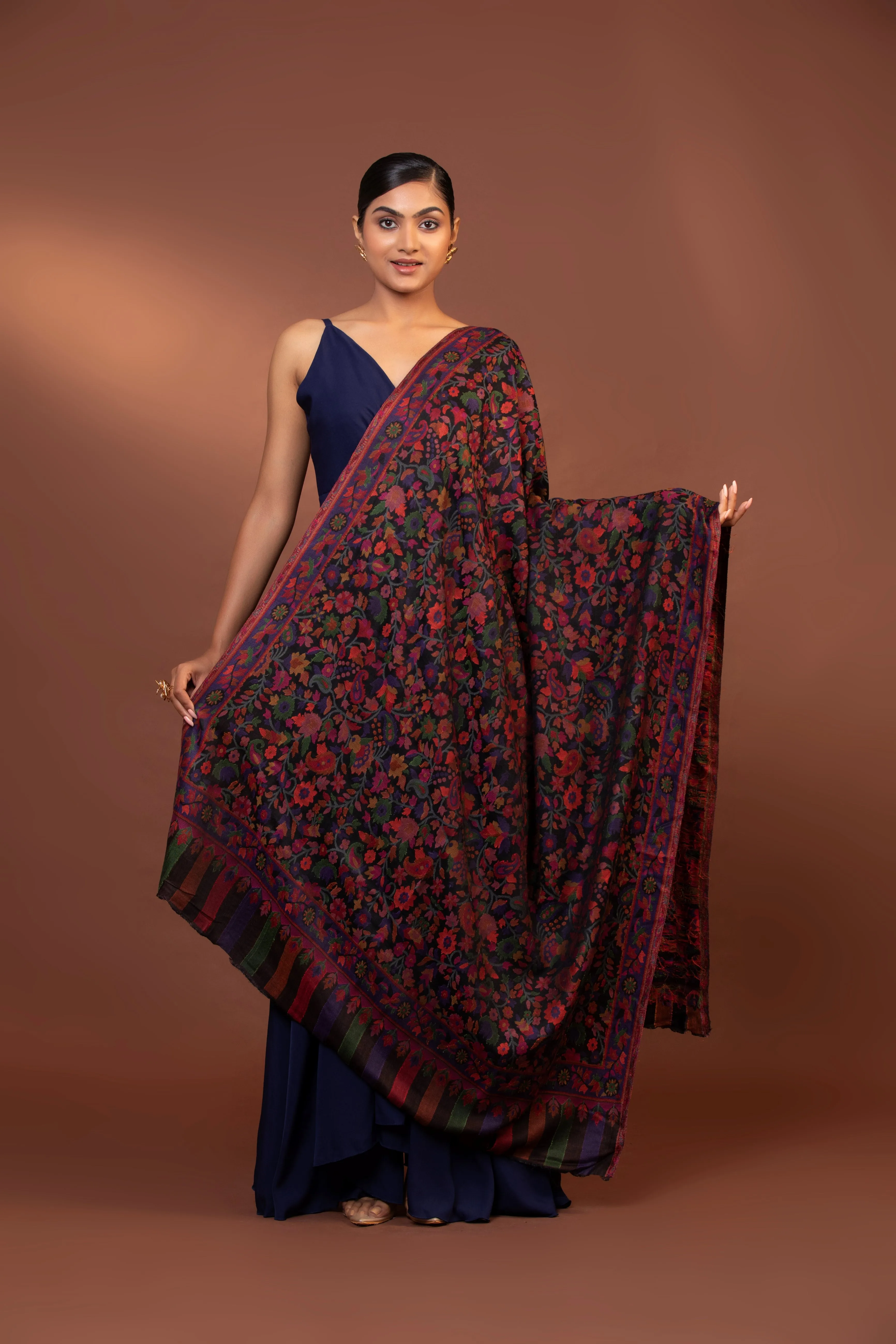 Navy Blue Kani Weave Viscose Shawl - Elegant & Lightweight Wrap