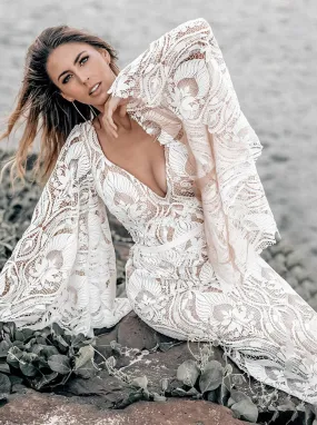 Open Back Beach Wedding Gown,Boho Lace Wedding Dress,WD00890