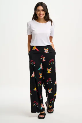 Patsy Palazzo Pants - Black, Tropical Parrots