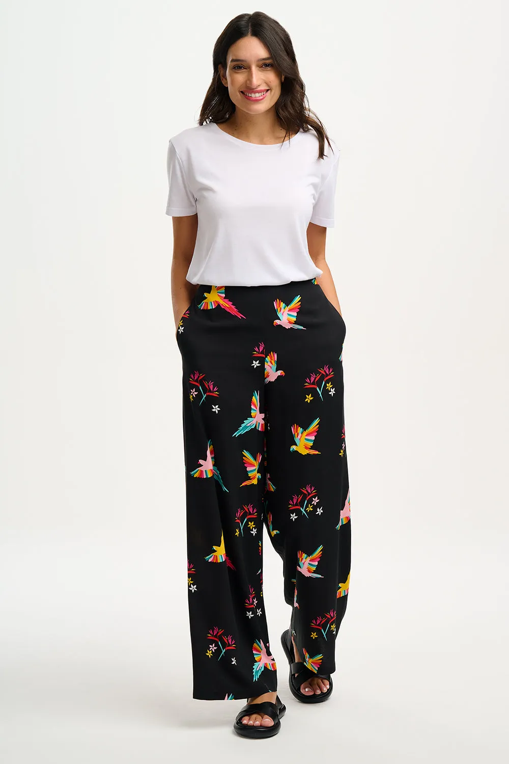 Patsy Palazzo Pants - Black, Tropical Parrots