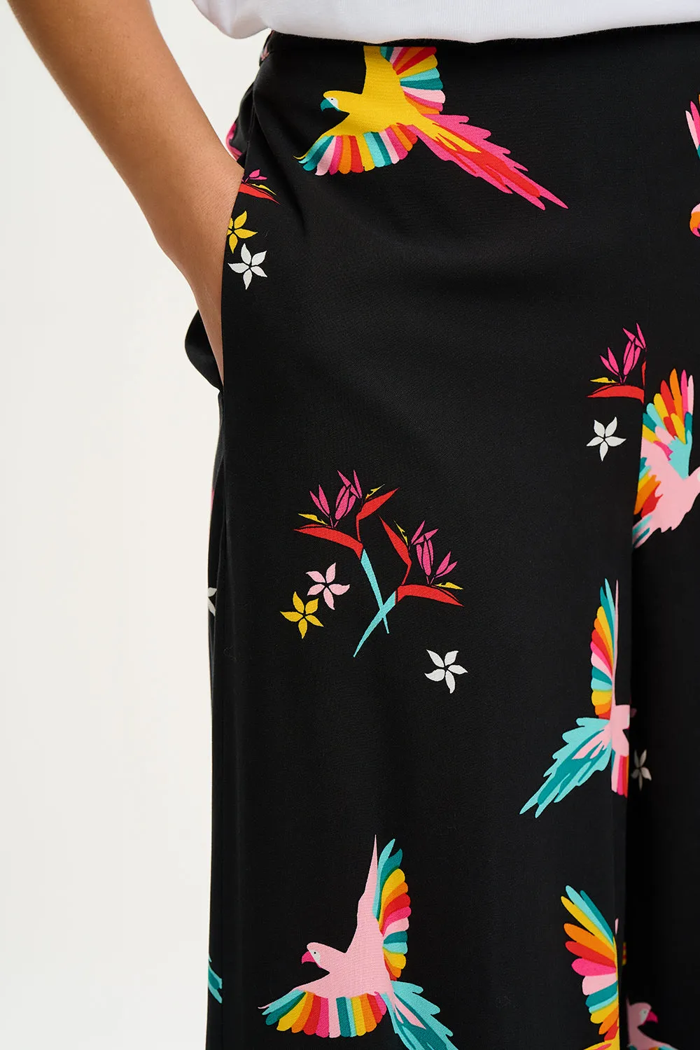 Patsy Palazzo Pants - Black, Tropical Parrots