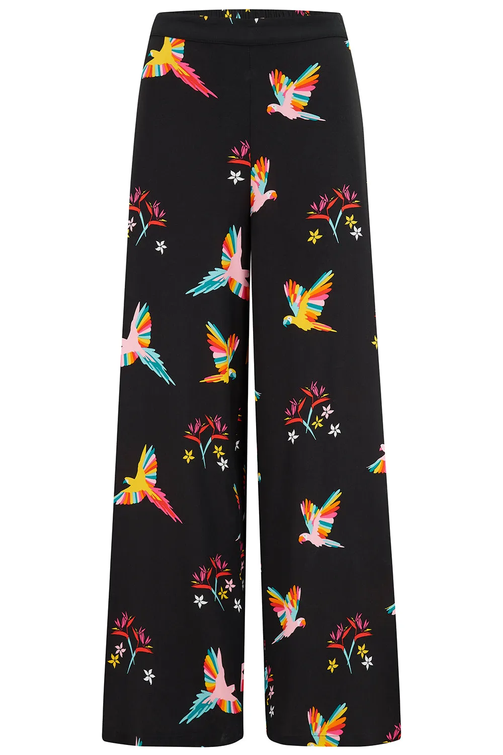 Patsy Palazzo Pants - Black, Tropical Parrots