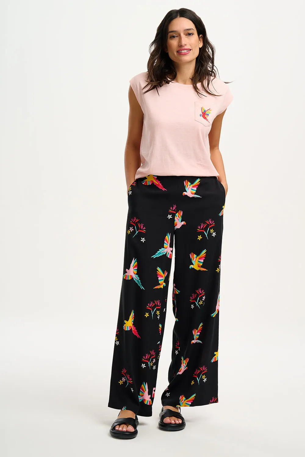 Patsy Palazzo Pants - Black, Tropical Parrots