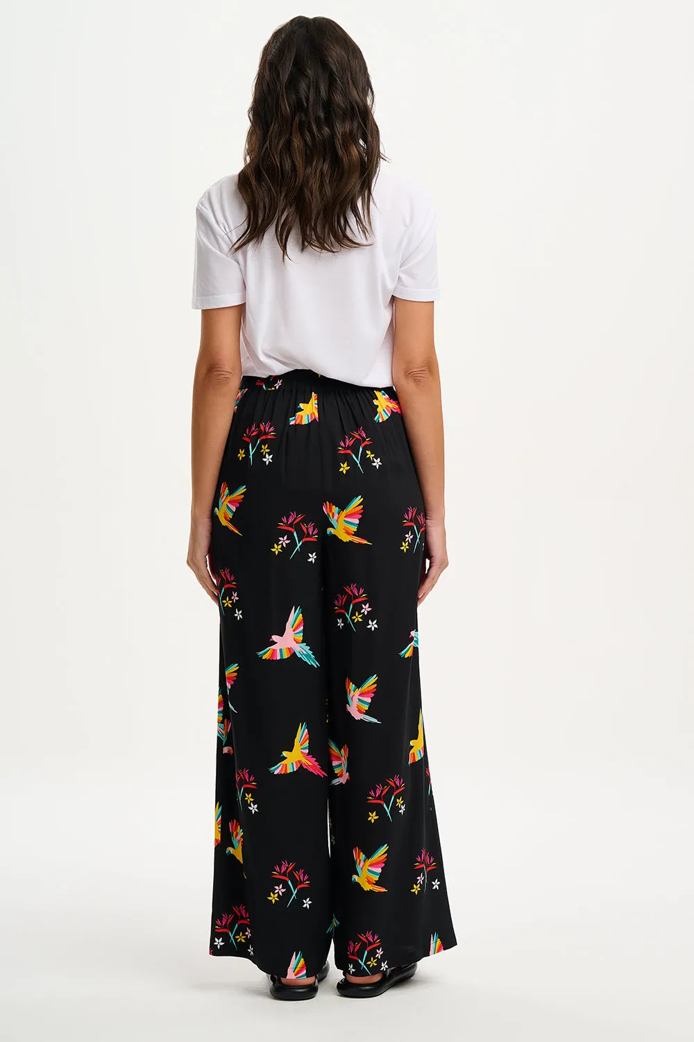 Patsy Palazzo Pants - Black, Tropical Parrots