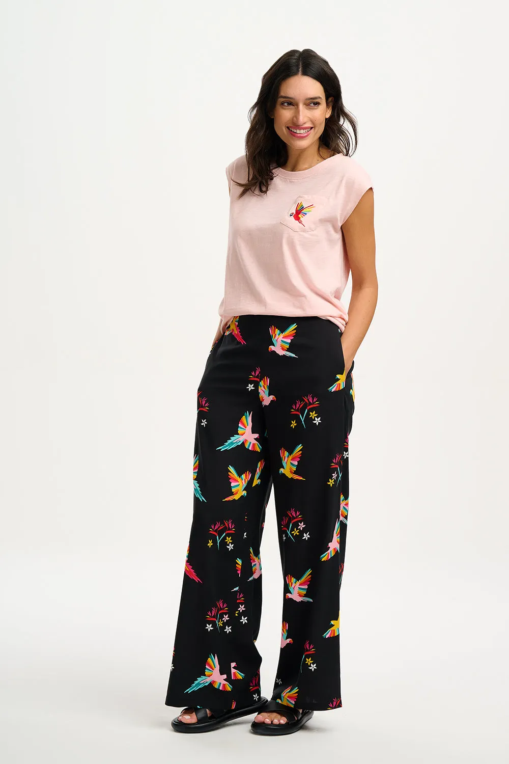 Patsy Palazzo Pants - Black, Tropical Parrots