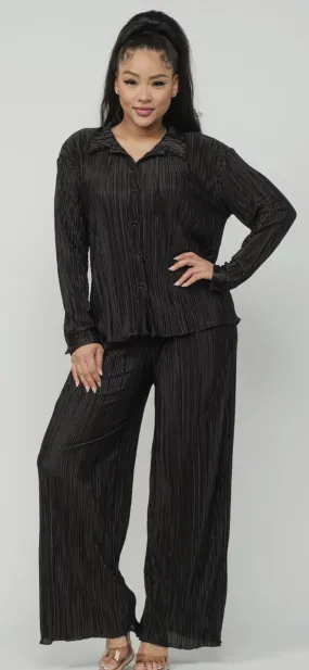 Pleated Front Button Down Top and Pants Set
