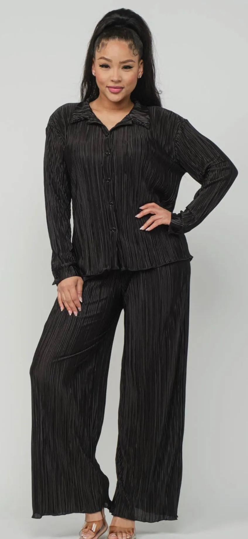Pleated Front Button Down Top and Pants Set