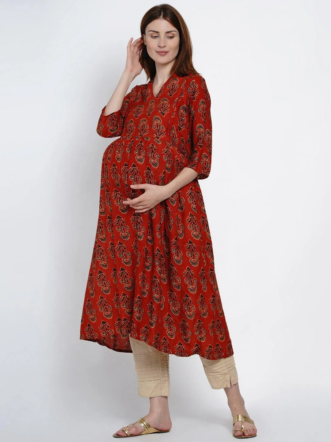 Red A-Line Maternity Kurta