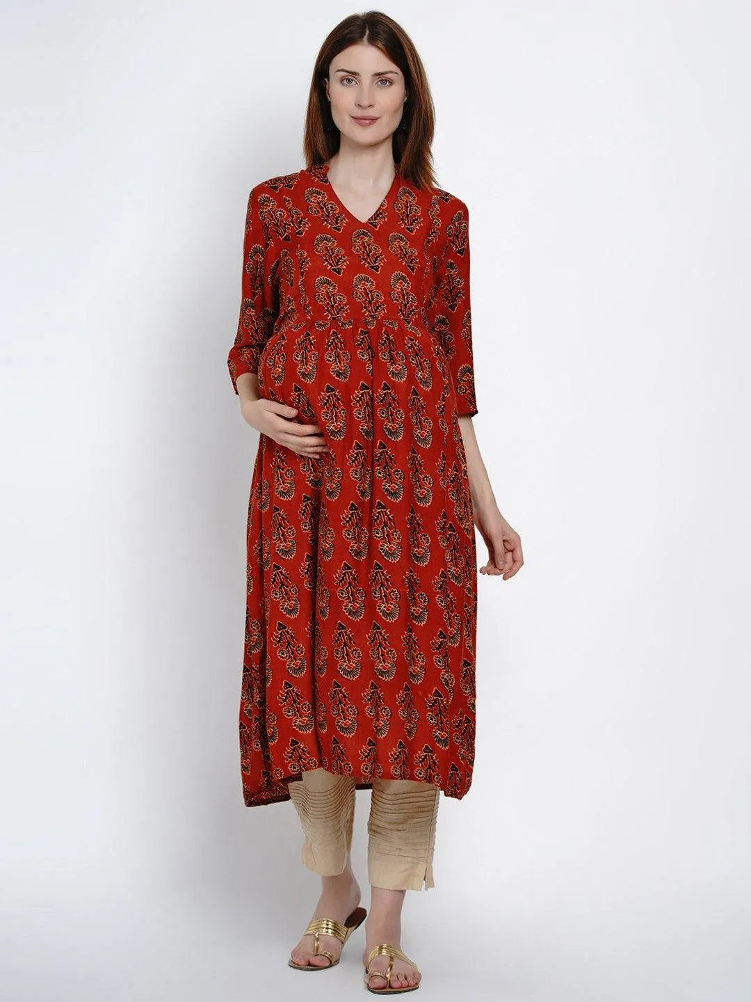 Red A-Line Maternity Kurta
