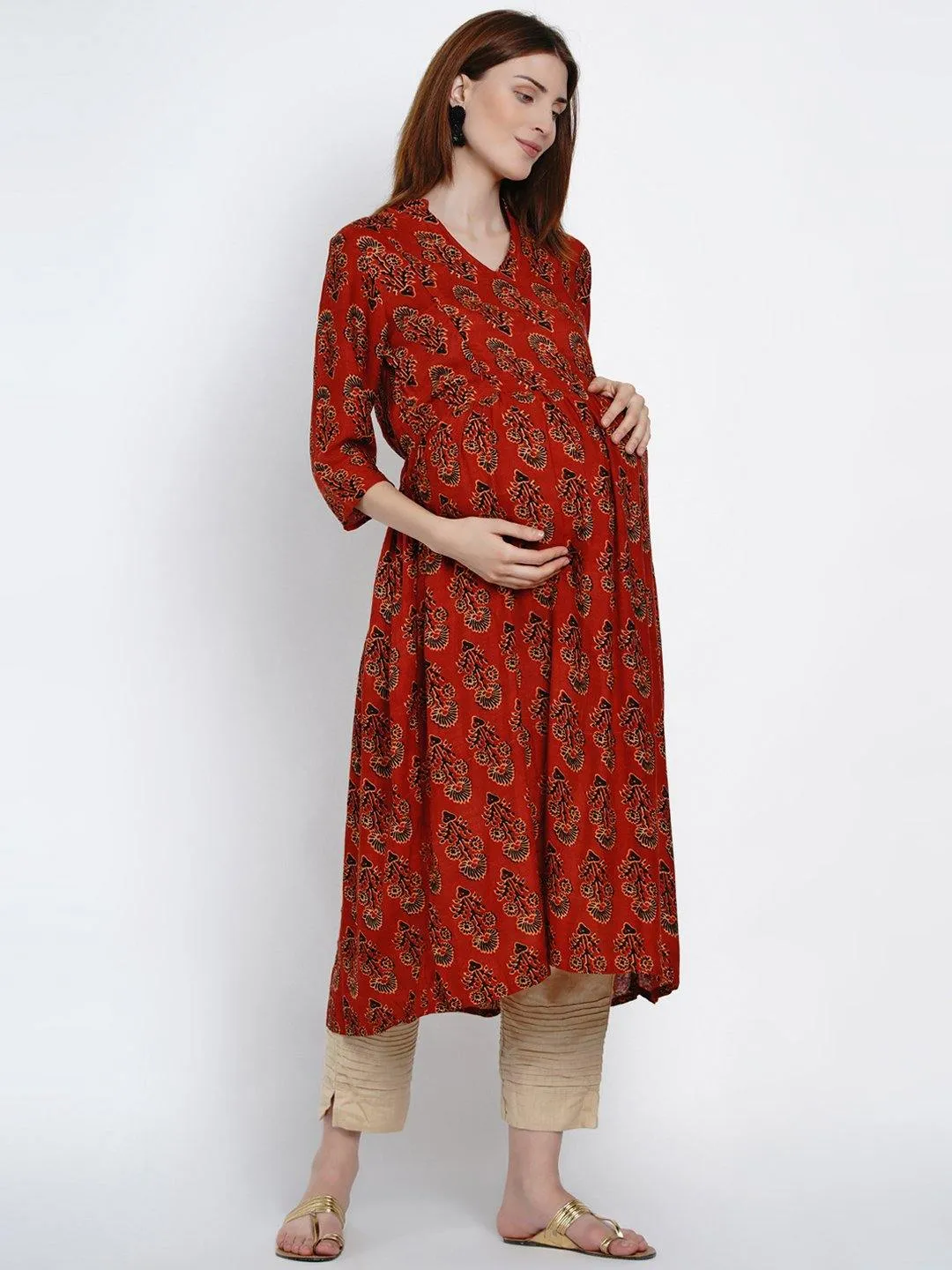 Red A-Line Maternity Kurta
