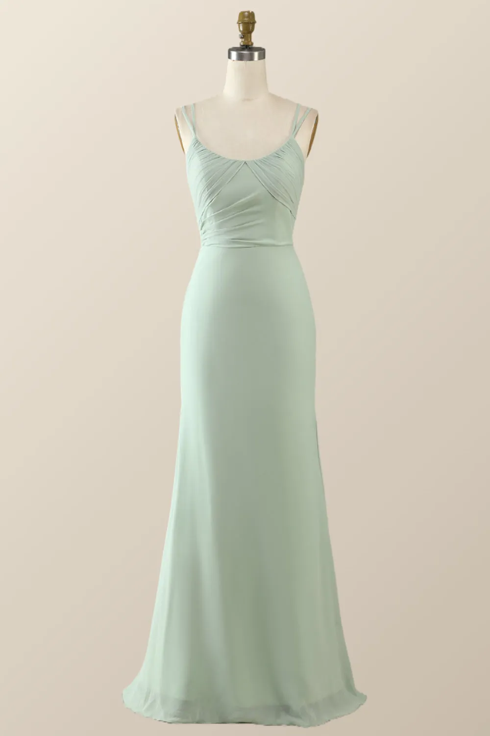 Scoop Mint Green Chiffon Pleated Long Bridesmaid Dress