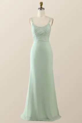 Scoop Mint Green Chiffon Pleated Long Bridesmaid Dress