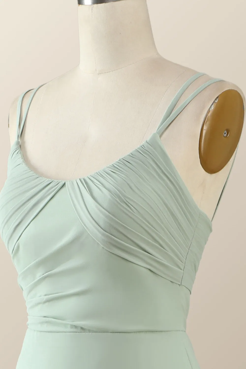 Scoop Mint Green Chiffon Pleated Long Bridesmaid Dress