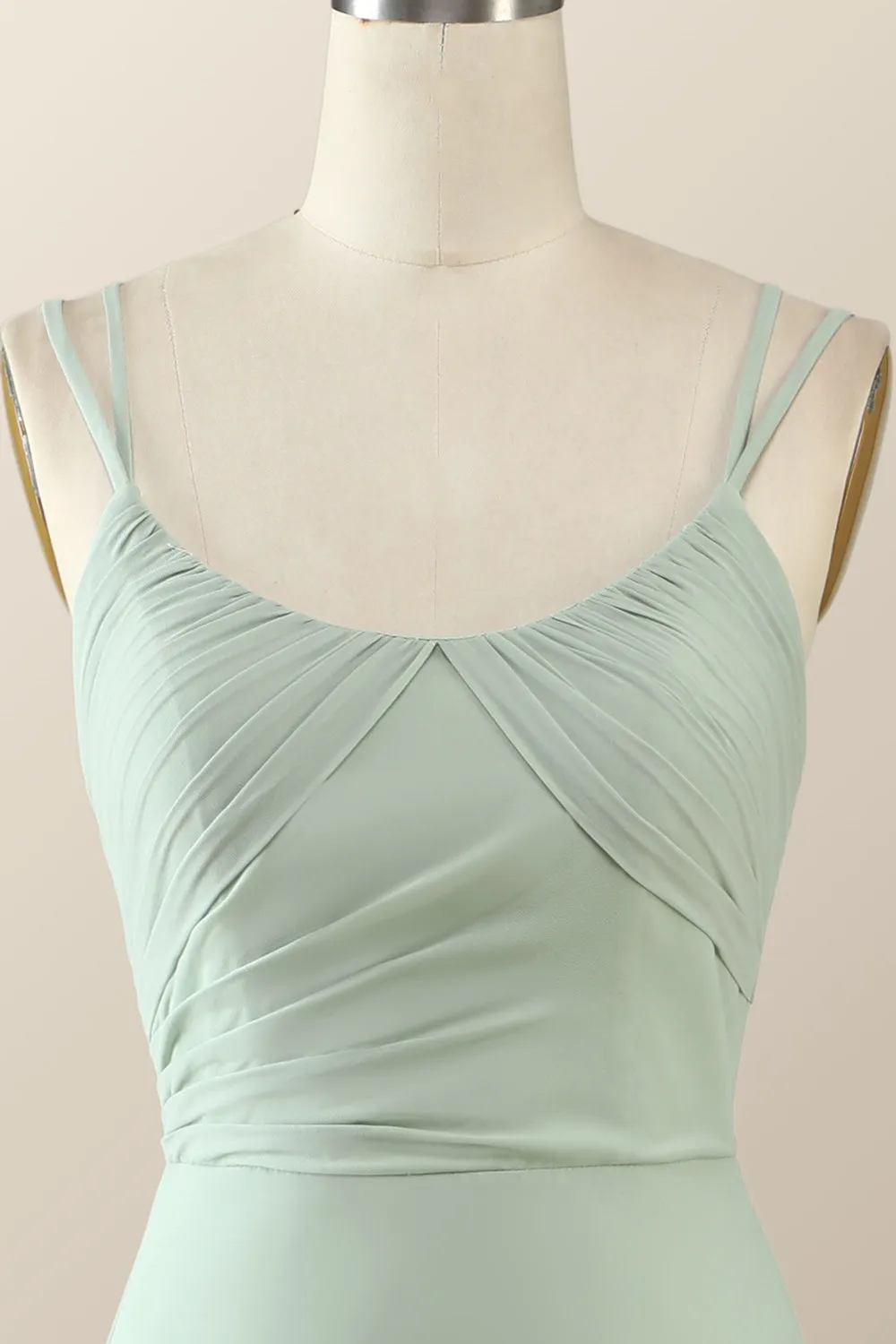 Scoop Mint Green Chiffon Pleated Long Bridesmaid Dress