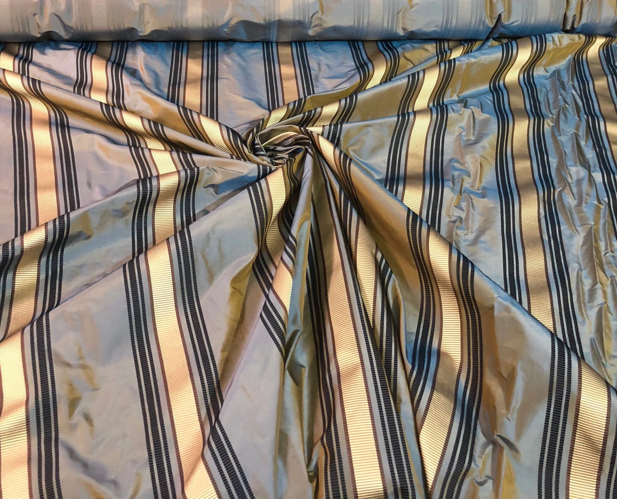 Silk taffeta 54" wide Beautiful blue with black gold ribbing stripe silk taffeta fabric sold by the yard