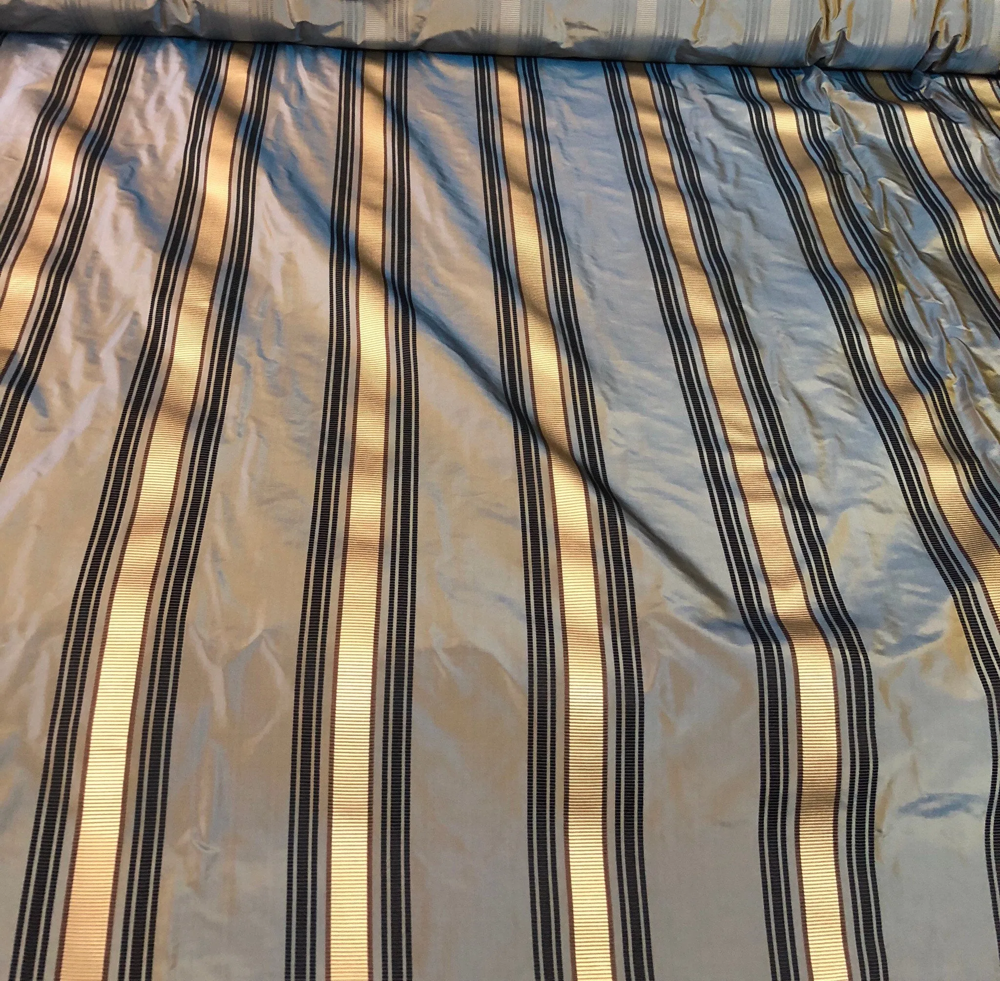 Silk taffeta 54" wide Beautiful blue with black gold ribbing stripe silk taffeta fabric sold by the yard