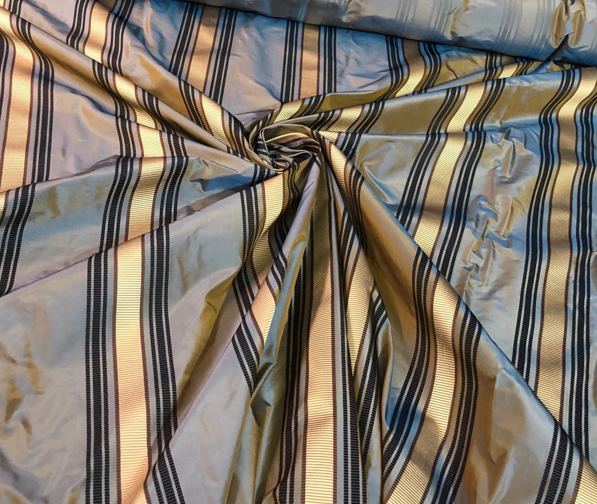 Silk taffeta 54&quot; wide    Beautiful blue with black gold ribbing stripe silk taffeta fabric sold by the yard