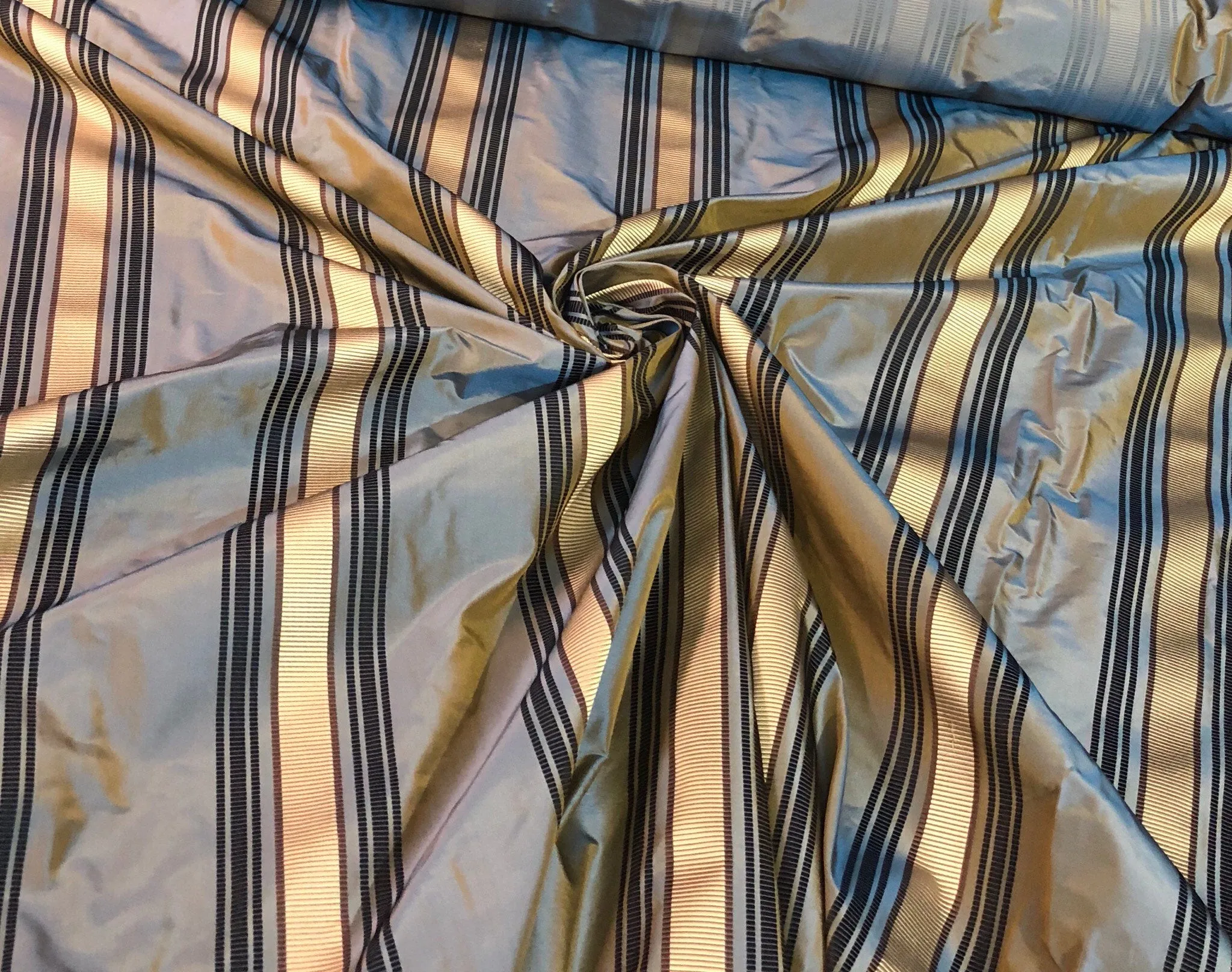 Silk taffeta 54" wide Beautiful blue with black gold ribbing stripe silk taffeta fabric sold by the yard