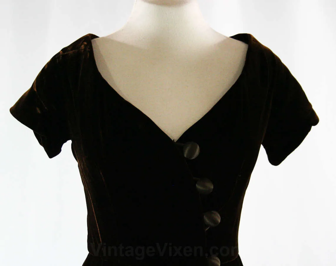 Size 10 Designer Velvet Dress - Chocolate Brown Fitted Cocktail - 1980s Arnold Scaasi - Short Sleeved - Sexy Asymmetric Fitted - Bust 35.5