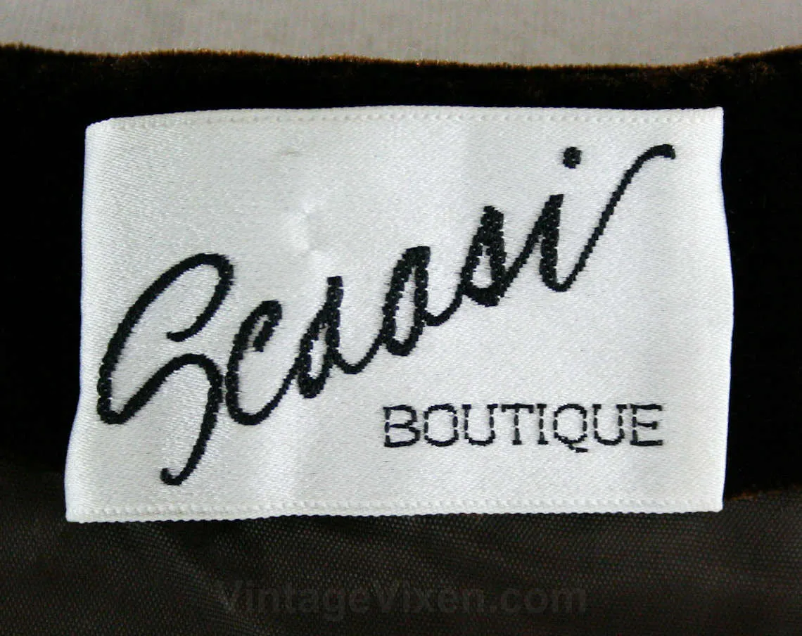 Size 10 Designer Velvet Dress - Chocolate Brown Fitted Cocktail - 1980s Arnold Scaasi - Short Sleeved - Sexy Asymmetric Fitted - Bust 35.5