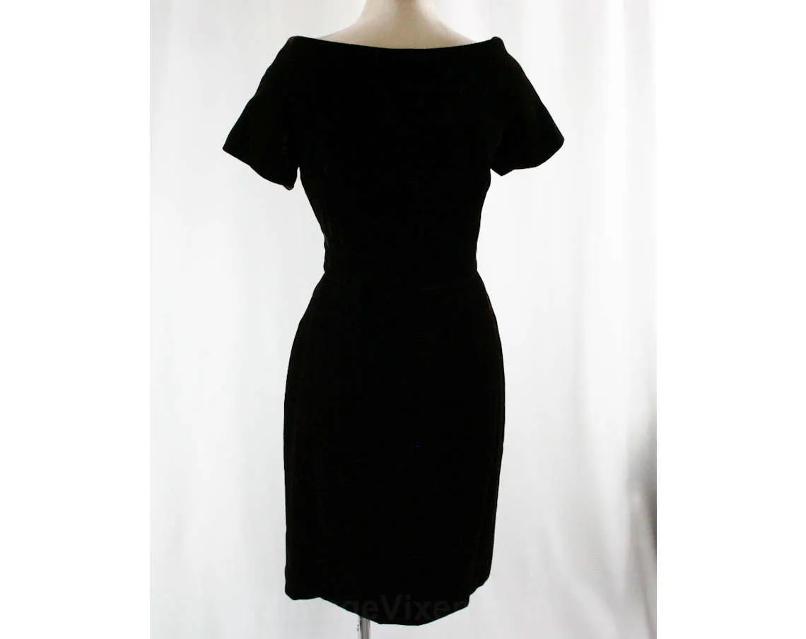 Size 10 Designer Velvet Dress - Chocolate Brown Fitted Cocktail - 1980s Arnold Scaasi - Short Sleeved - Sexy Asymmetric Fitted - Bust 35.5