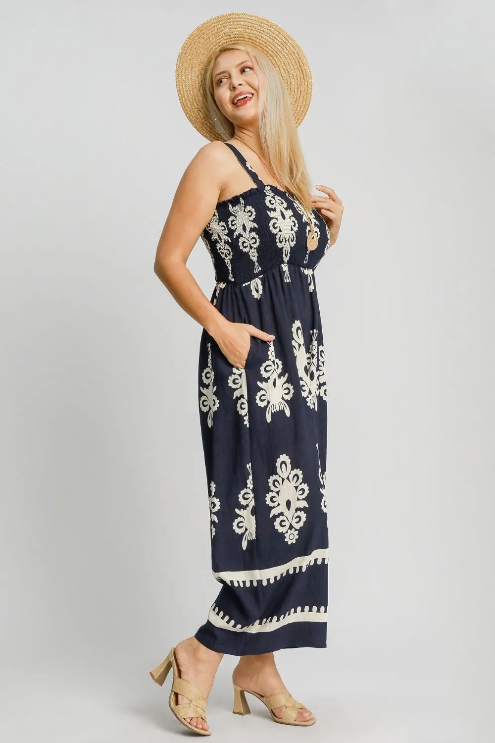 Smocked Printed Wide Leg Jumpsuit