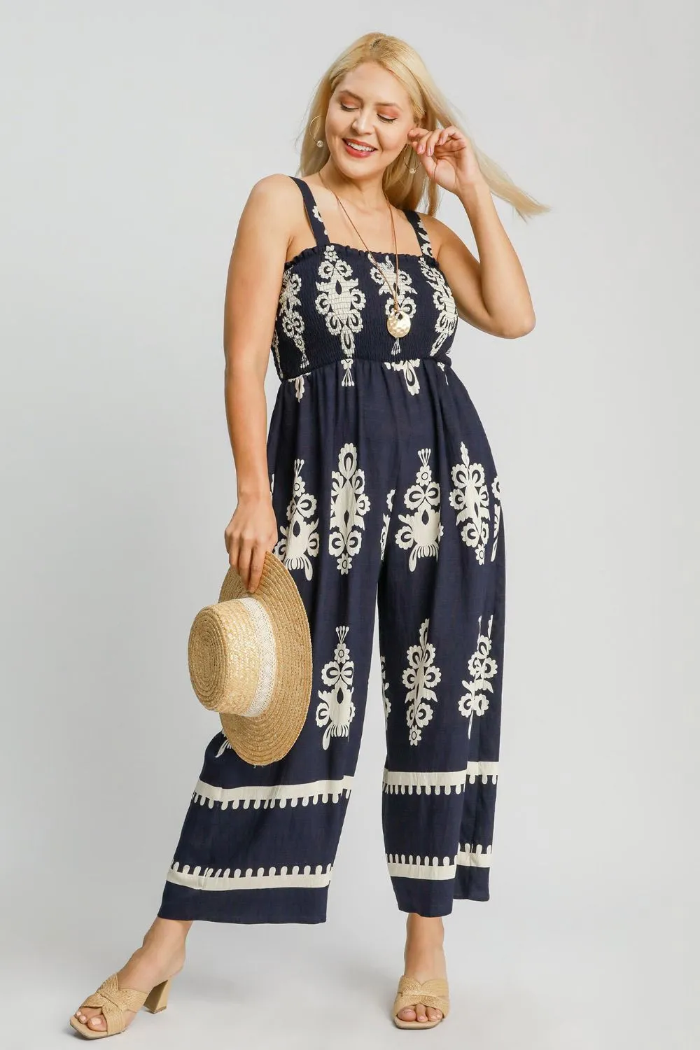 Smocked Printed Wide Leg Jumpsuit