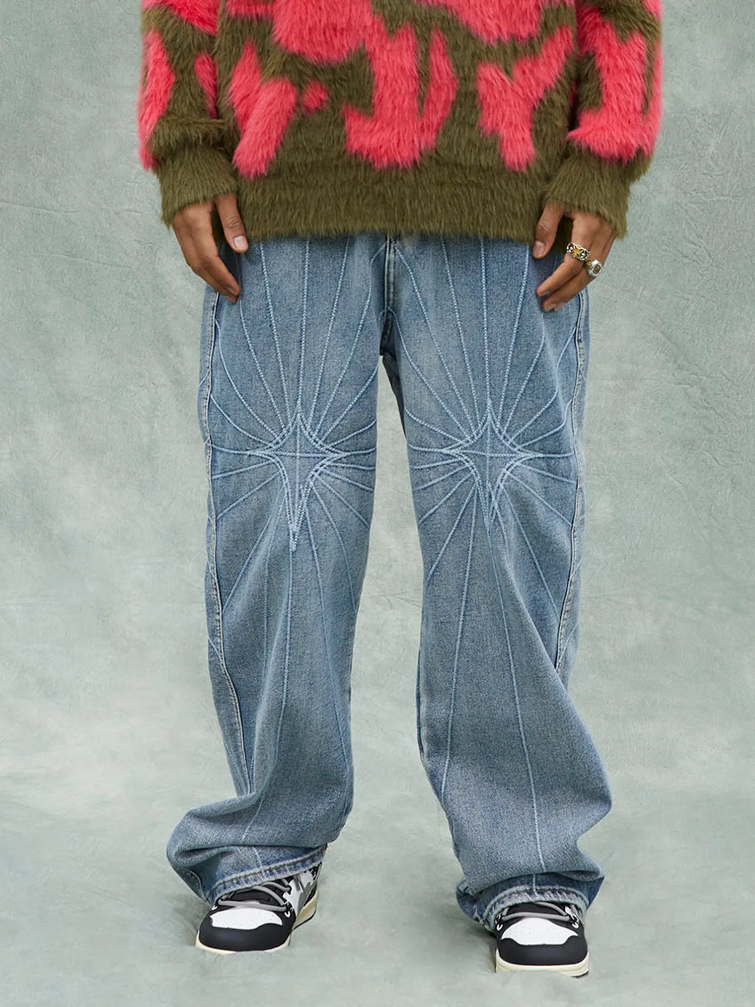 Sneakerhill Heavy Spider Web Embroidered Topstitch Jeans/French trousers